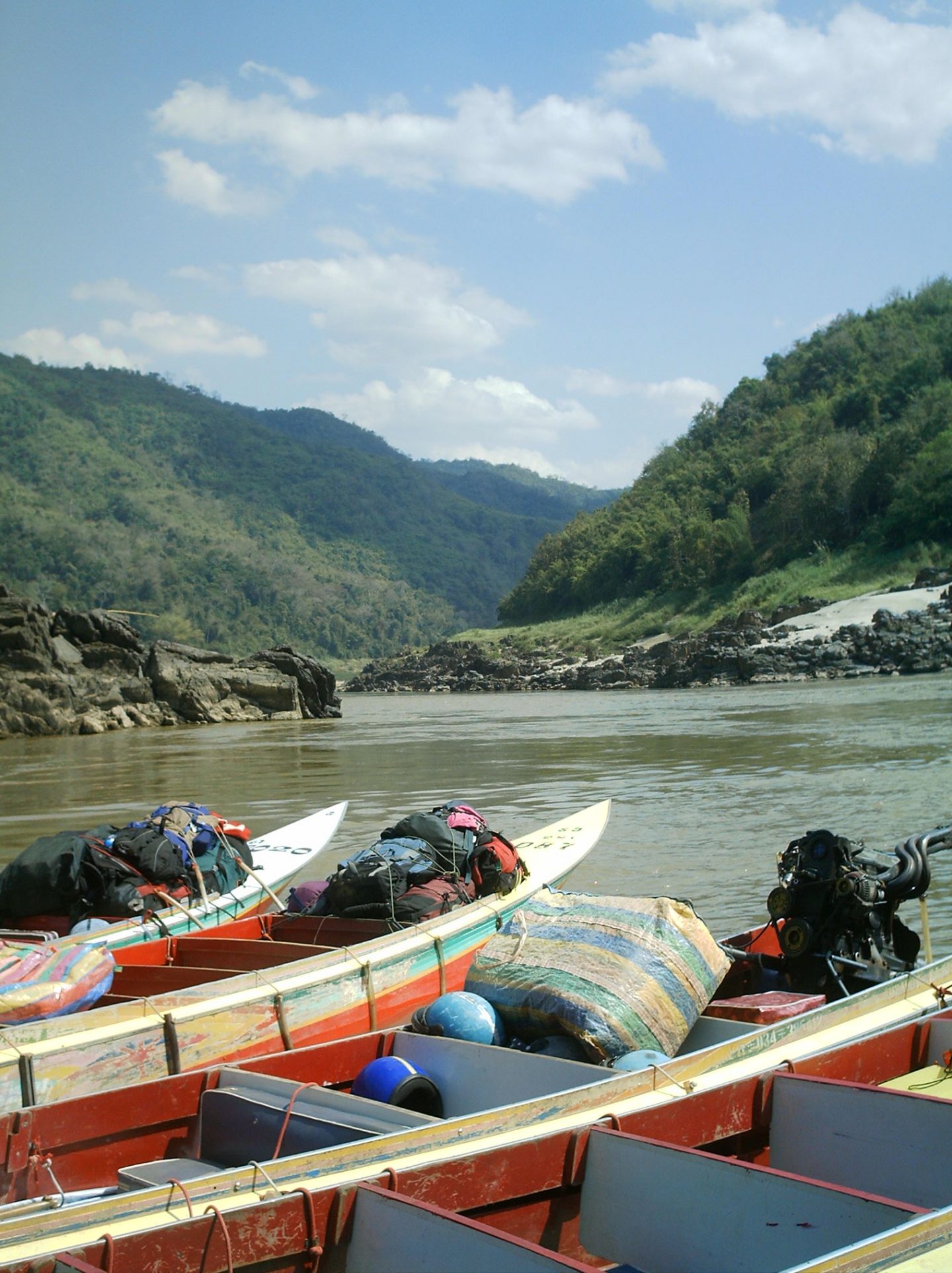speedboats tied up in mekong delta